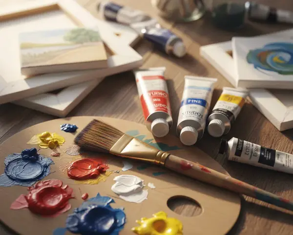 Palette en bois avec des touches de peinture à l'huile, un pinceau, des tubes de couleur et des toiles. La peinture à l'huile, c'est bien difficile mais tellement gratifiant.