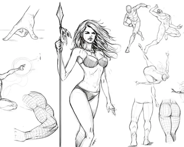 Dessin d'imagination : études de mains, d'une guerrière, de corps en mouvement et d'anatomie.