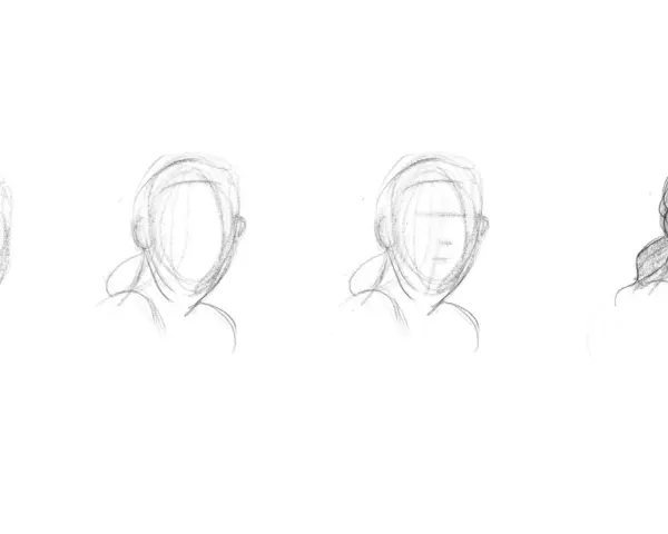 Quatre étapes d'un dessin contour d'un visage, du croquis initial à une esquisse plus détaillée.