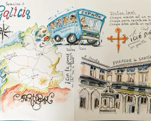 Un dessin de voyage en Galice, avec une carte, un bus "España" et le Parador de Santiago.