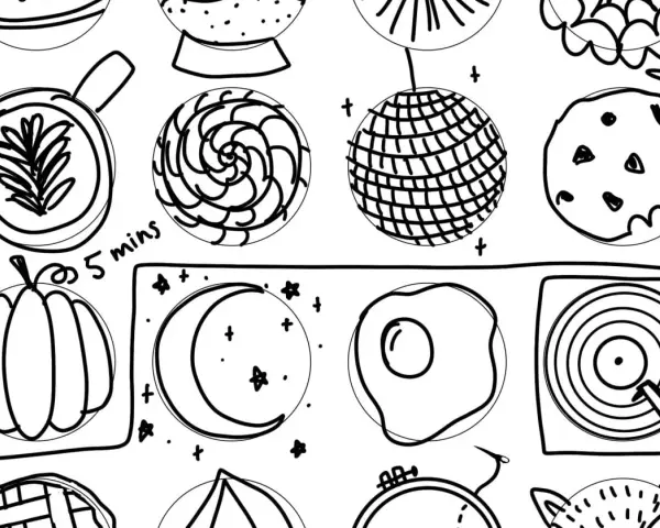 Dessin au trait d'objets divers : tasse, citrouille, lune, œuf au plat, disque vinyle. L'artiste semble être à court d'idée, mais le style est charmant.