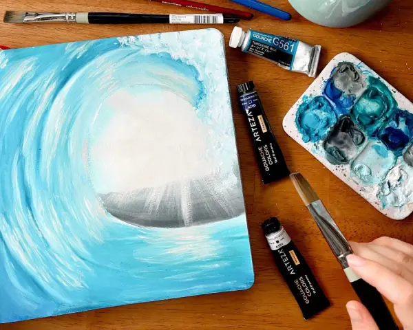 Peinture d'une vague en gouache, montrant la richesse de cette technique. La gouache, c'est quoi ? C'est une peinture opaque et mate.