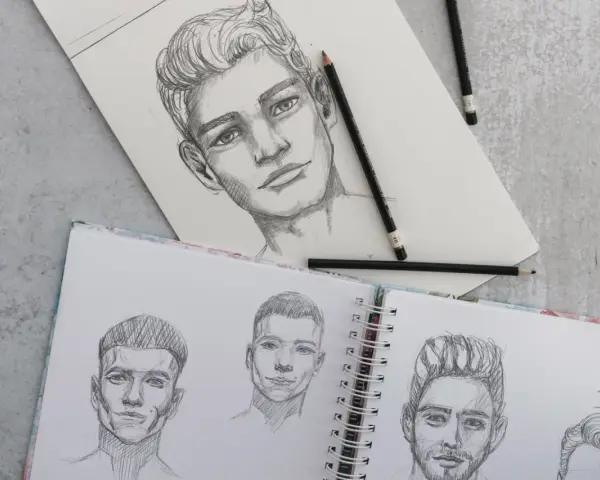 Un dégradé avec dessin de visages d'hommes au crayon. Des croquis de portraits sur un carnet ouvert, avec des crayons posés.