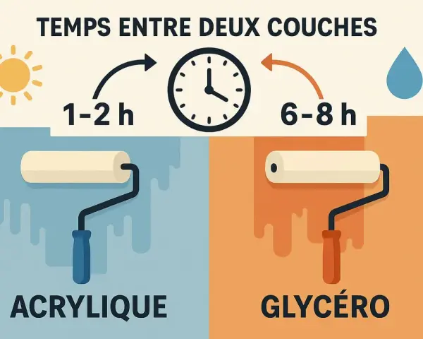Temps entre deux couches de peinture : 1-2h pour l'acrylique (soleil), 6-8h pour la glycéro (goutte d'eau).