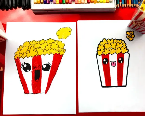 Deux adorables dessins de pop-corn, un avec une bouche ouverte et un autre tirant la langue, prêts à être colorés.