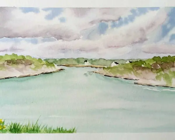 Simple dessin paysage facile couleur. Une rivière aux teintes turquoise serpente entre des rives verdoyantes sous un ciel nuageux.