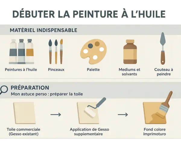 Guide pour débuter la peinture à l'huile : matériel indispensable et étapes de préparation de la toile pour un bon processus peinture.