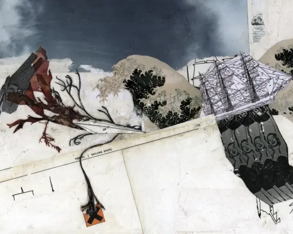 Collage sur toile à peindre : un voilier navigue sur des vagues, menacé par des algues et un crâne.