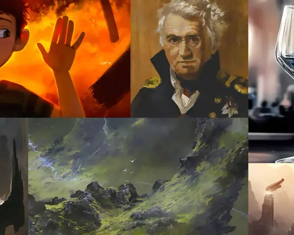 Collage d'œuvres de formation digital painting : un garçon effrayé, un portrait d'amiral, un verre, un paysage montagneux, et des ruines futuristes.