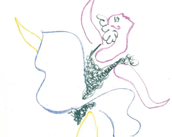 Dessin abstrait aux couleurs vives. Une ligne bleue esquisse une forme, tandis que des formations vertes et roses créent un mouvement dynamique.