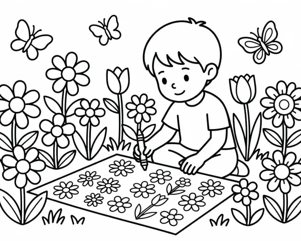 Un jeune garçon, parfait pour les débutants en dessin noir et blanc, dessine des fleurs et des papillons dans un jardin.