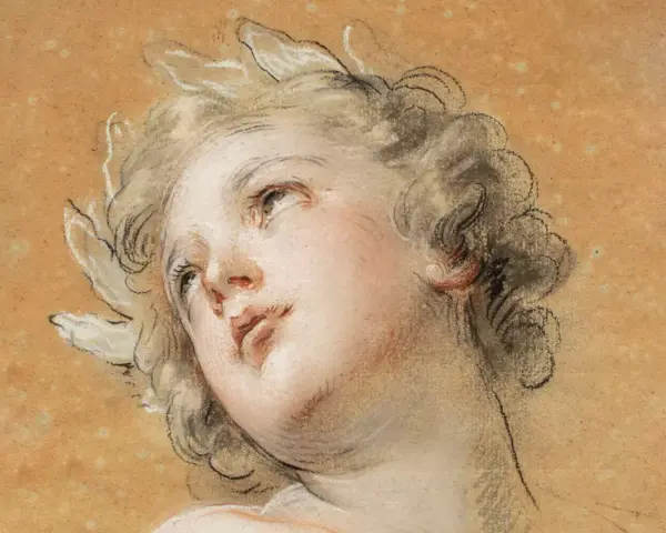 Portrait d'un jeune homme aux boucles blondes, la tête penchée, le regard tourné vers le ciel. La valeur du dessin réside dans la délicatesse des traits et la douceur des couleurs.