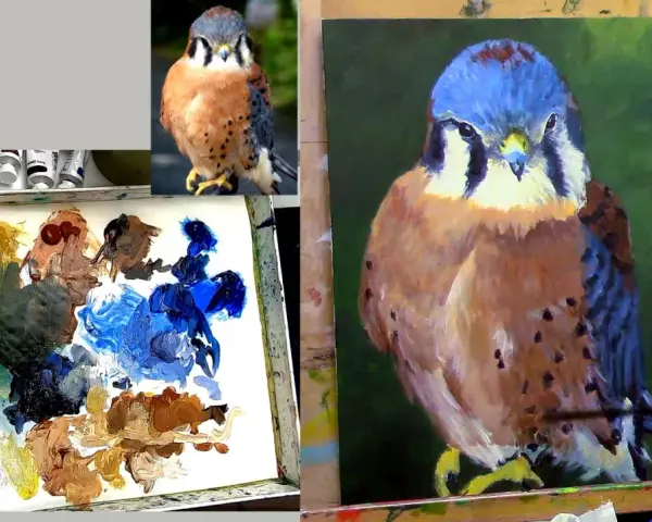 Un artiste peint un faucon crécerelle avec de l'acrylique, utilisant une palette de couleurs vives pour capturer les détails de l'oiseau.