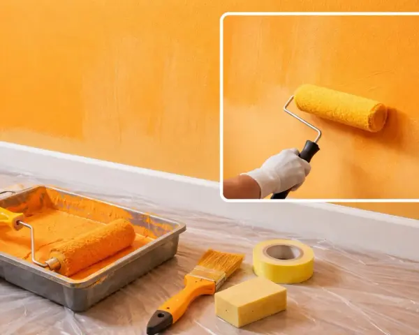 Peinture orange sur un mur, avec rouleau, bac, pinceau et ruban. La question "pourquoi mon huile mousse" pourrait être liée à la préparation de la peinture.