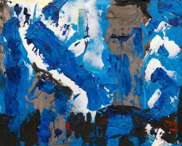 Peinture abstraite aux textures épaisses, dominée par le bleu, le blanc et le gris. Une œuvre qui invite à nettoyer le regard pour en découvrir les formes cachées.
