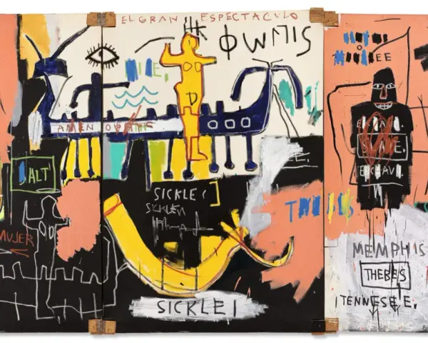 Peinture vibrante de Basquiat, avec des masques, un bateau, un chien gardant un pharaon. Ce style, quel style de peinture se vend le mieux, attire l'œil.