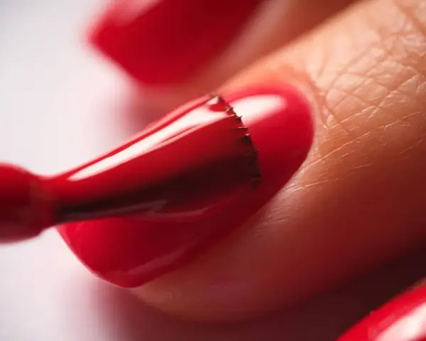 Application d'un vernis rouge vif sur un ongle. Le pinceau dépose la couleur, attendant le temps de séchage vernis entre 2 couches pour un fini parfait.