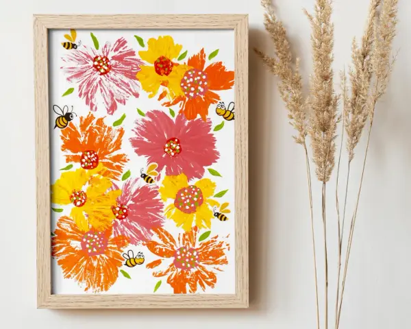 Peinture acrylique fleurs facile avec des abeilles joyeuses butinant. Couleurs vives et style enfantin.