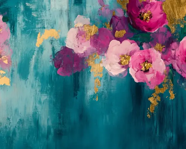 Peinture abstraite avec des fleurs roses et violettes sur fond bleu sarcelle, rehaussée de touches dorées.