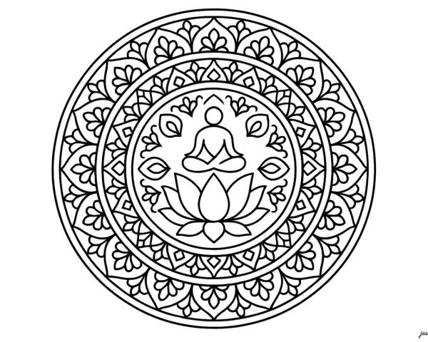 Mandala complexe et symétrique, représentant Bouddha méditant sur un lotus. Un dessin symétrique difficile à colorier.