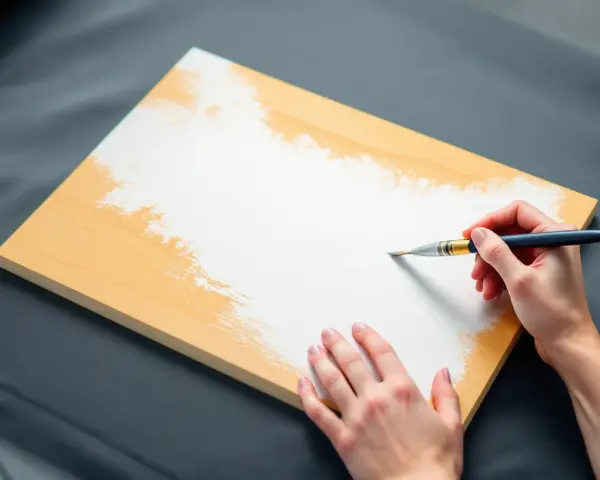 Une main applique une couche de peinture blanche sur une planche de bois. La question est : peut-on vernir par dessus du vernis ?