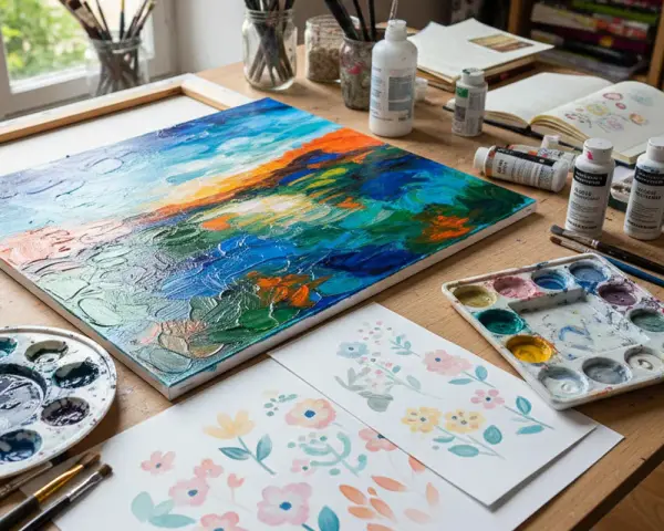 Un tableau de type peinture, aux couleurs vives et texturées, est posé sur un bureau d'artiste, entouré de palettes, de pinceaux et de carnets.