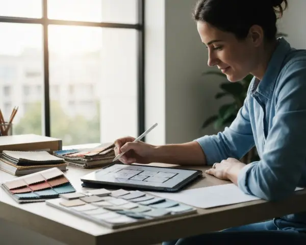 Une designer utilise une tablette pour apprendre comment dessiner une chaise facile. Elle est entourée d'échantillons de tissus et de crayons.